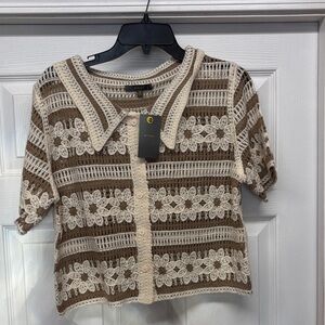 New Miroh Brown and Cream Crochet Flower Pattern Top medium Boho New